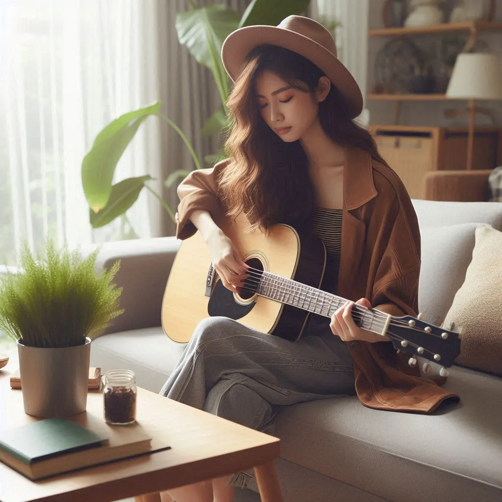 imagem de um mulher tocando violão como hobby